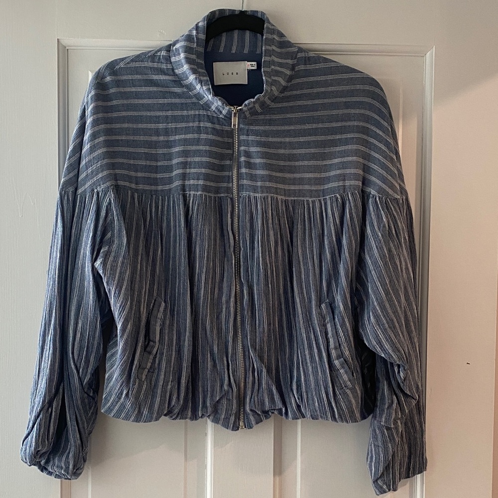 Lush Blue and White Striped Bomber Jacket